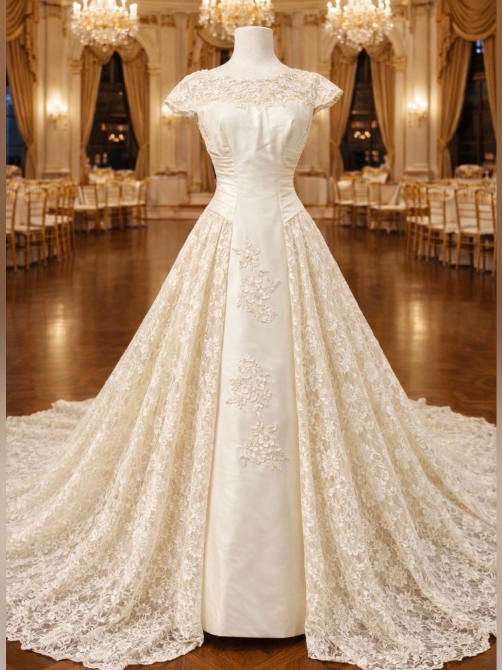 Vintage 1952 Ceil Chapman Taffeta and Elegant Lace Wedding Dress in True Ivory
